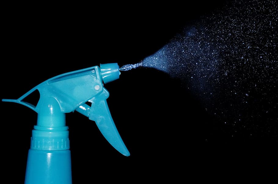 blue spray bottle with mist of water, cleaner, background, black HD wallpaper