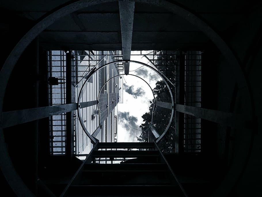 architecture, building, clouds, dark, eerie, ladder, low angle shot HD wallpaper