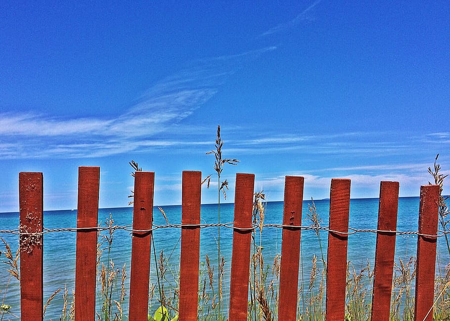 lake, dune, beach, michigan, shore, sand, fence, sky, wood - material