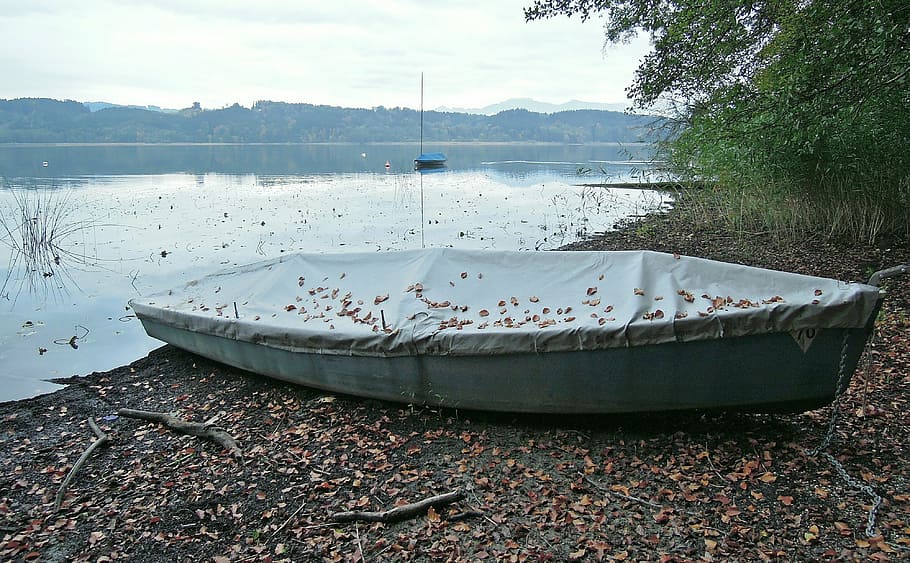 lake, water, boot, rest, still, autumn, leaves, trueb, nautical vessel HD wallpaper