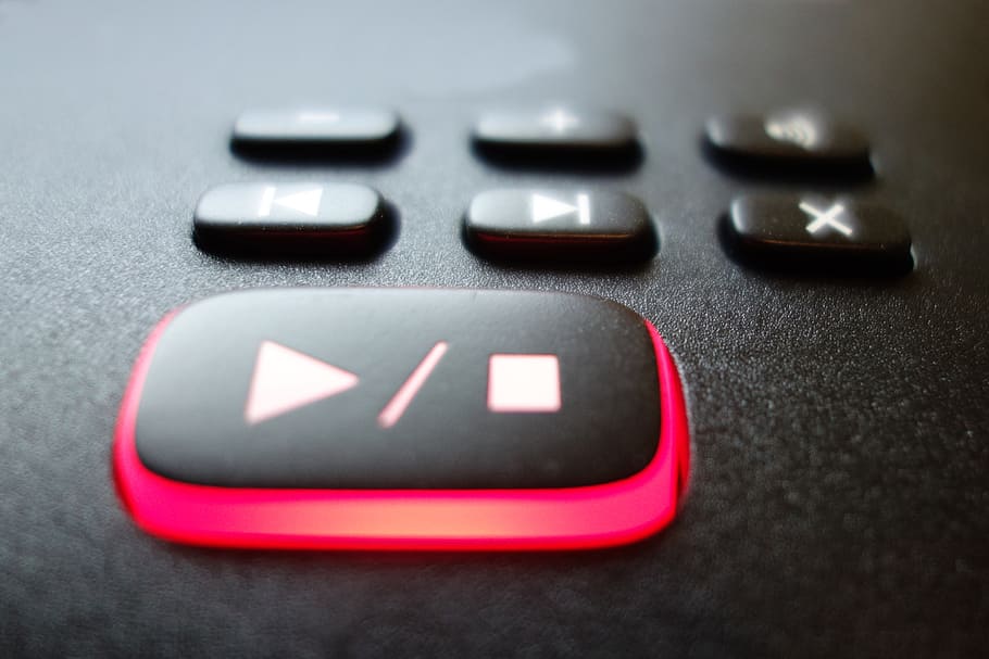 black play button, phone, answering machine, keys, macro, keyboard HD wallpaper