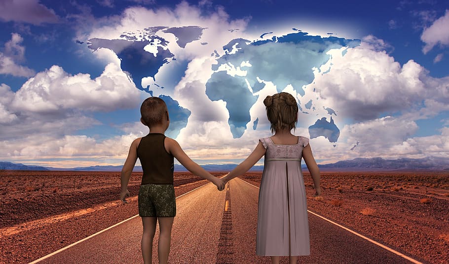 road, start, children's future, world, continents, globalization