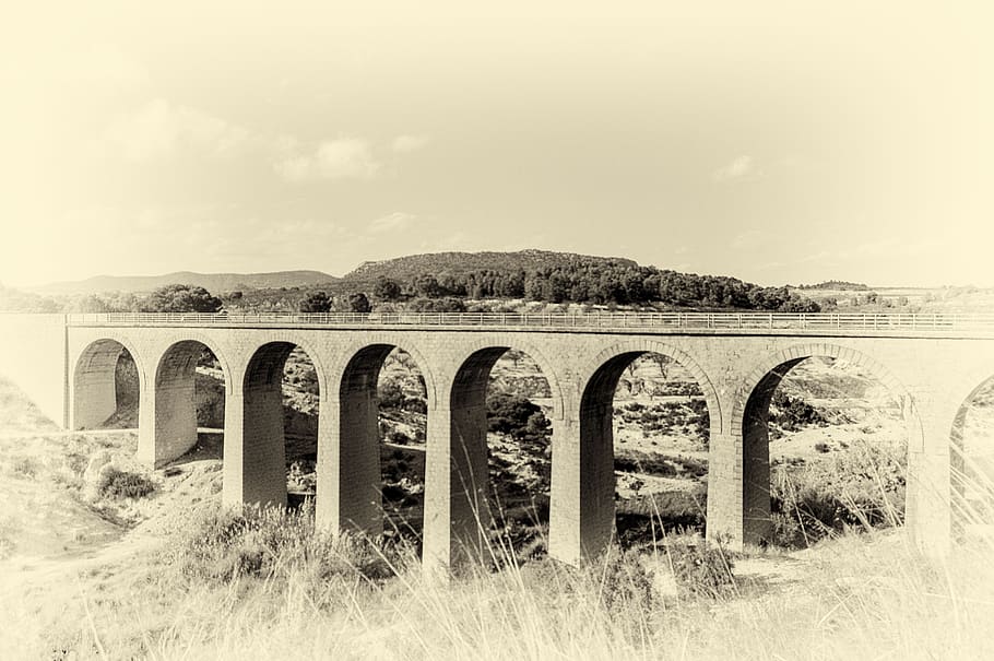 bridge, arches, architecture, construction, old, sky, nature HD wallpaper