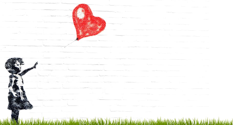 girl holding heart balloon artwork, child, innocent, love, loss, HD wallpaper
