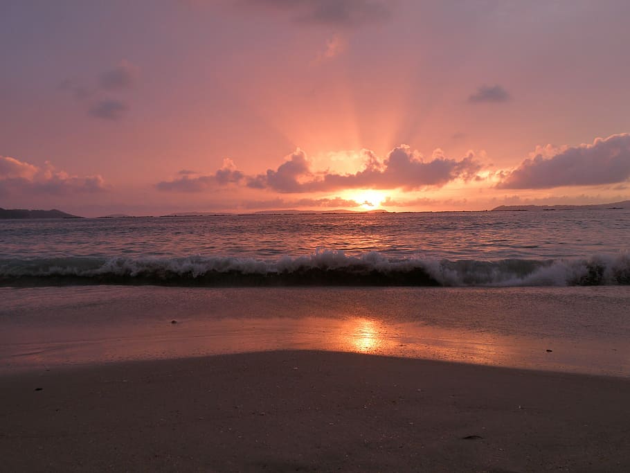 beach, sea, sunset, sky, clouds, costa, ocean, coastal, wave HD wallpaper
