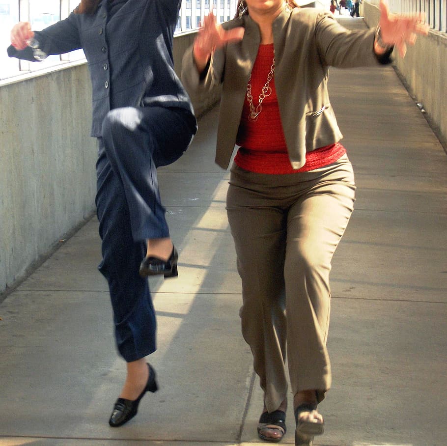 woman wearing brown and red blazer with pants, jumping, people HD wallpaper