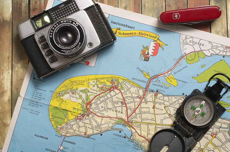 black and gray camera on blue world map, black camera on map HD wallpaper