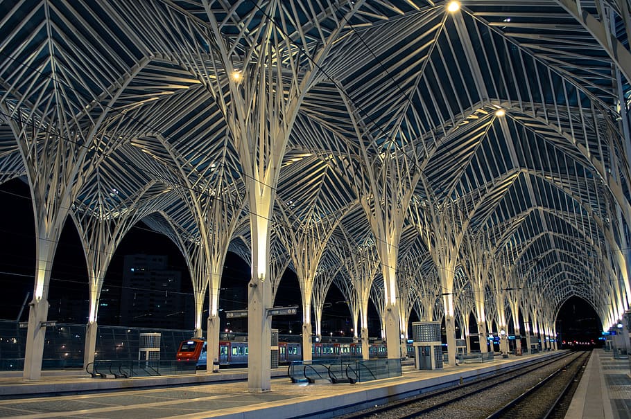 gray ceiling structure at night, Platform, Gare Do Oriente, East