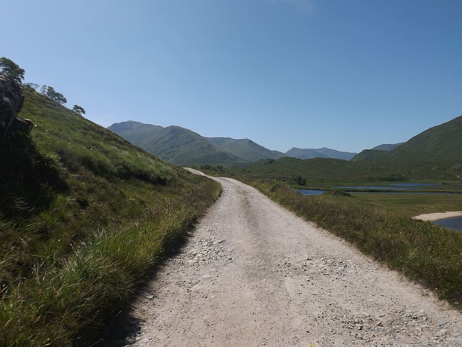 path, sky, mountains, scotland, summer, scenic, outdoors, road HD wallpaper