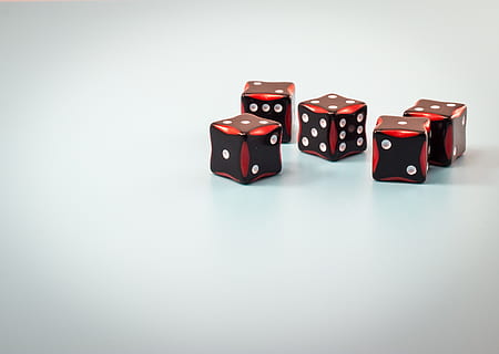 five black-and-red dices, numbers, winning, cube, bet, roll HD wallpaper