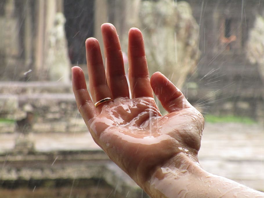 person wearing gold ring band with rain drops on palm during daytime HD wallpaper