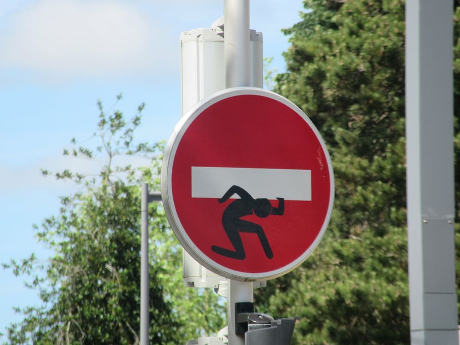 panel, road sign, logo, drawing, no entry, clet, tree, warning sign HD wallpaper