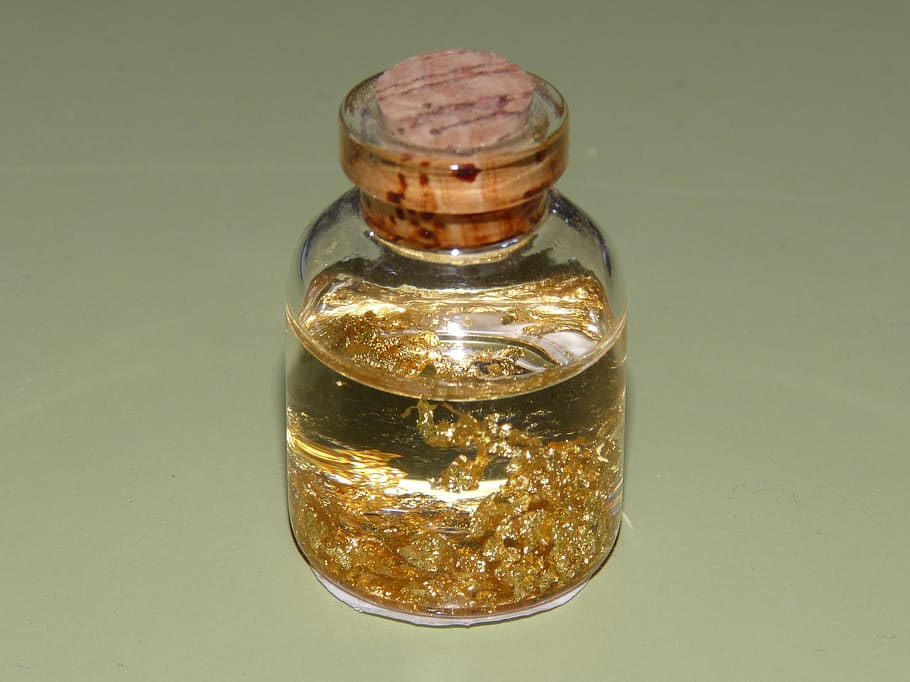 bottle, gold, cork, ore, glass - material, indoors, table, container HD wallpaper