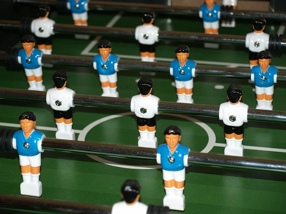 green, white, and blue foosball table, table football, kicker
