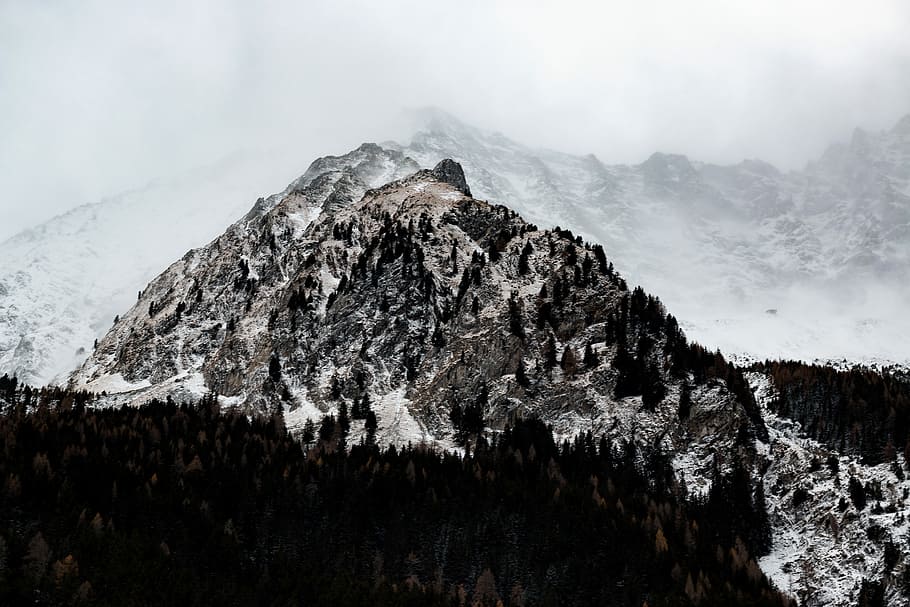landscape photography of mountain covered with snow, snow covered mountain under white clouds HD wallpaper