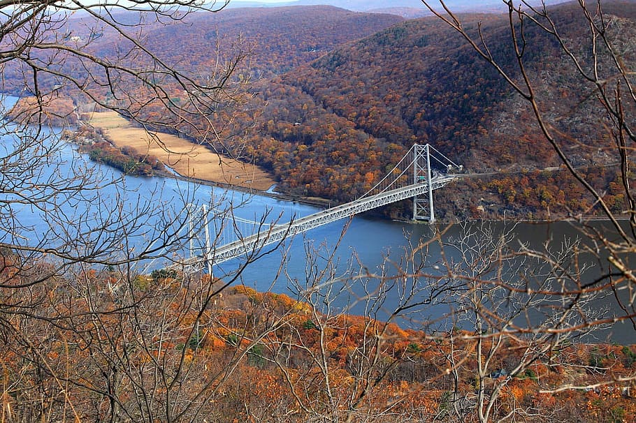 bridge, river, mountain, autumn, fall, view, landscape, nature HD wallpaper