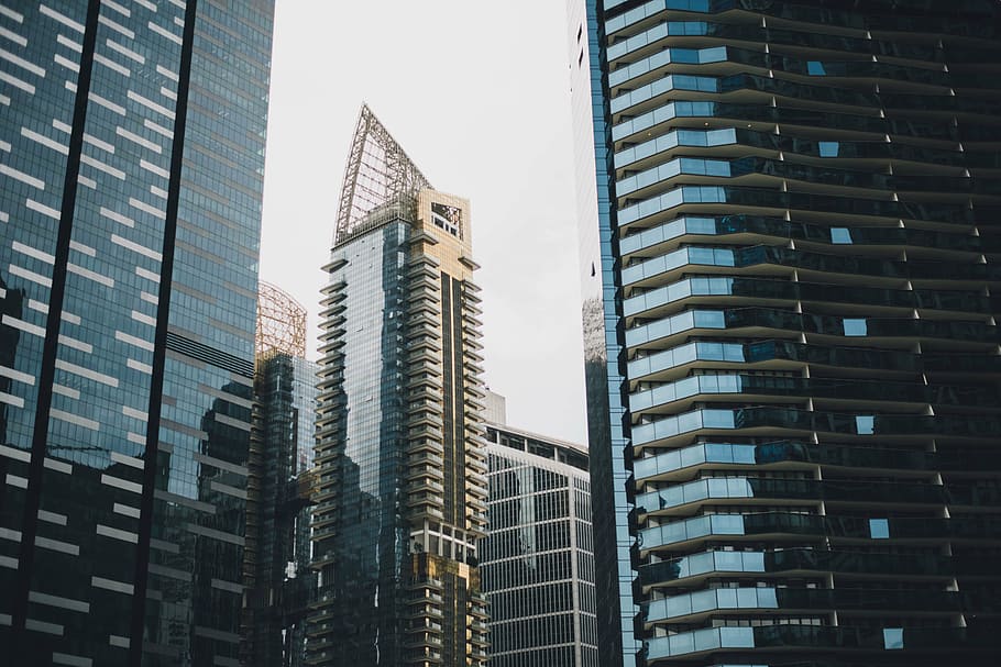 architectural photography of glass buildings, low, angle, high HD wallpaper