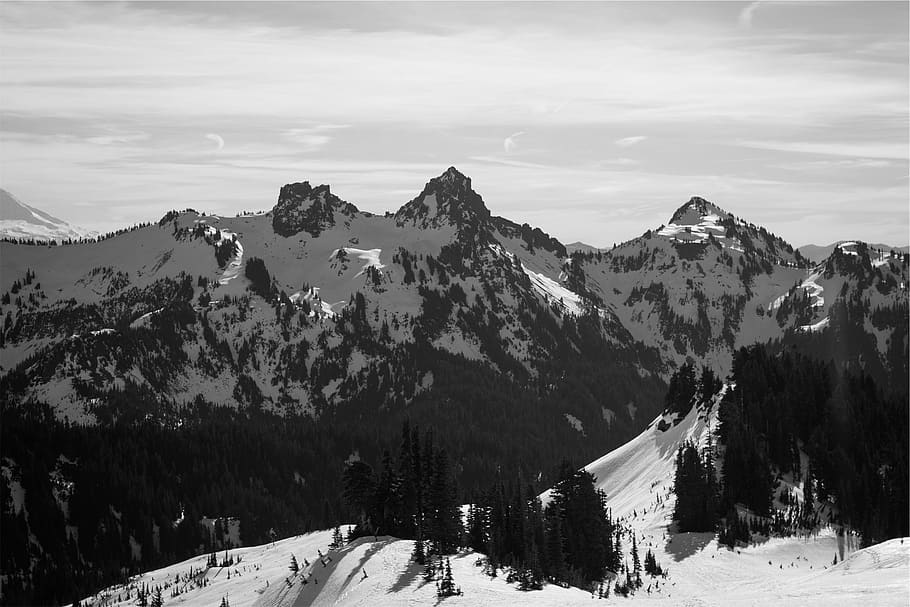 mountains, peaks, cliffs, snow, winter, trees, black and white HD wallpaper