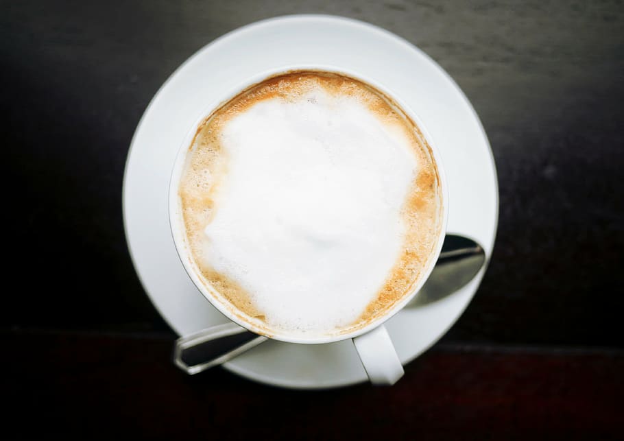 cappuccino latte, white, ceramic, mug, espresso, black, wooden HD wallpaper