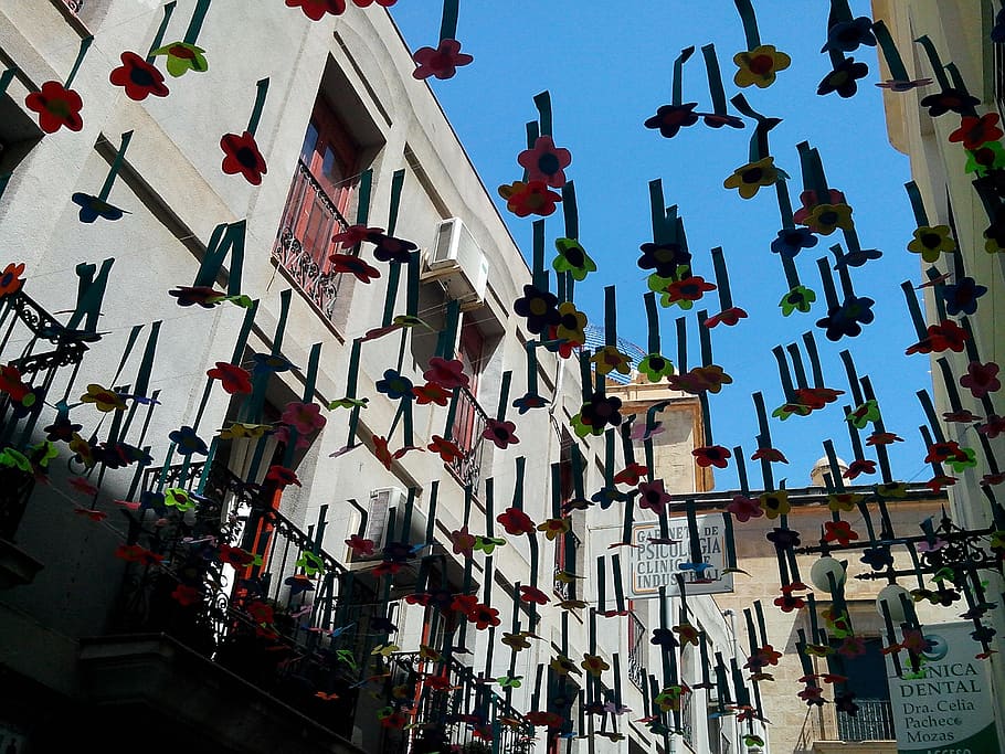 spring, decoration, love, fun, colorful, street, sky, architecture HD wallpaper
