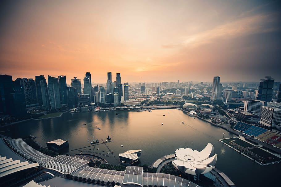 aerial view of landmark buildings, cloud, sunset, sky, city HD wallpaper