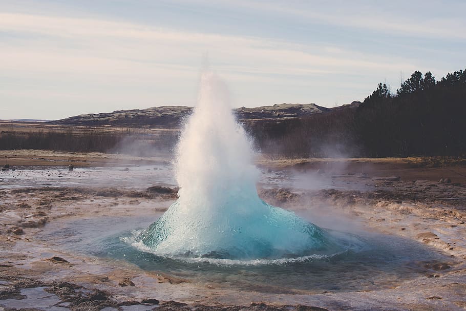 geyser near trees, hot spring, landscape, nature, spurt, steam HD wallpaper