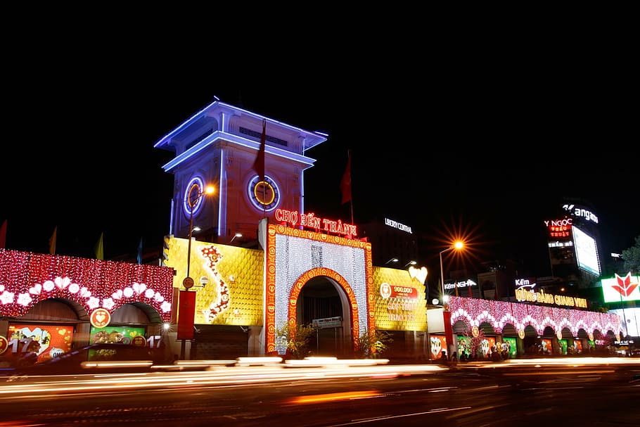 lighted building during nighttime, ben thanh market, saigon, ho chi minh