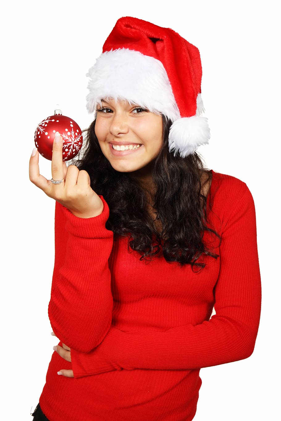 woman in red sweater holding red Christmas bauble, ball, claus, HD wallpaper