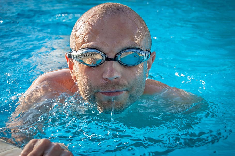 man with goggles in swimming pool, float, water, headshot, portrait HD wallpaper