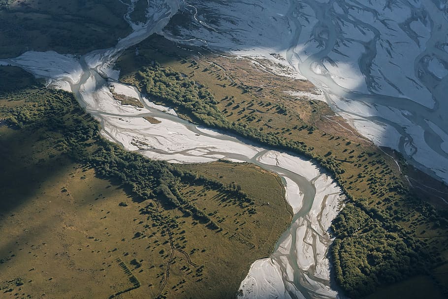 bird's-eye view photography of river, aerial photography of icy winding river leading to sea HD wallpaper
