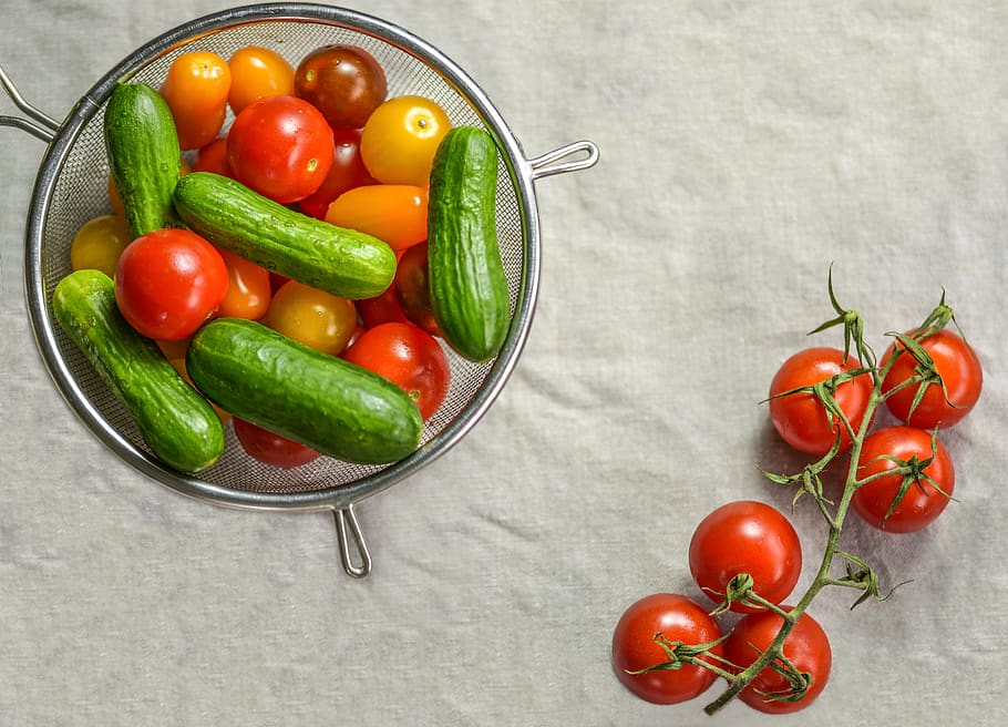 tomatoes, cherry tomatoes, vegetable, cucumber, raw, red, yellow HD wallpaper