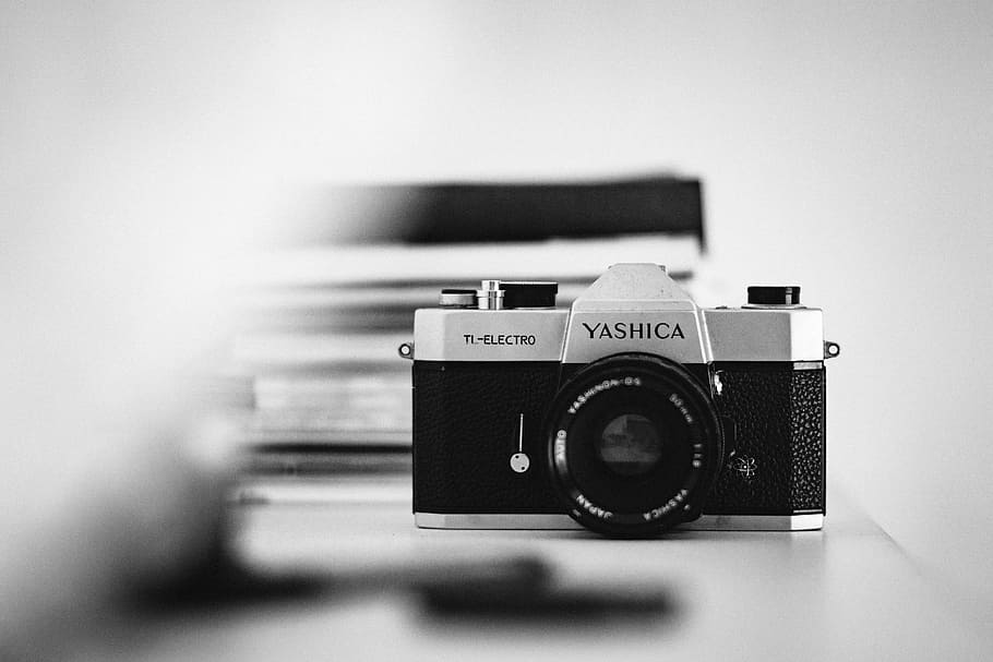 gray and black Yashica film camera, lens, iso, aperture, shutter HD wallpaper