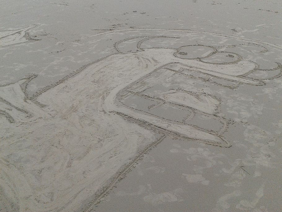 beach, sand, monster, drawing, sandy beach, high angle view HD wallpaper