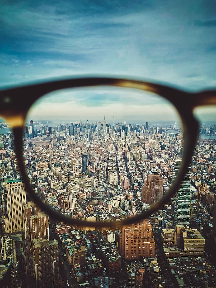 city buildings on eyeglasses view, photo of New York city, skyline HD wallpaper
