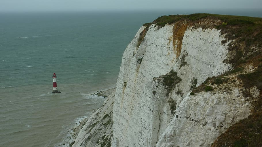 lighthouse, chalk cliffs, england, sea, water, rock, rock - object HD wallpaper