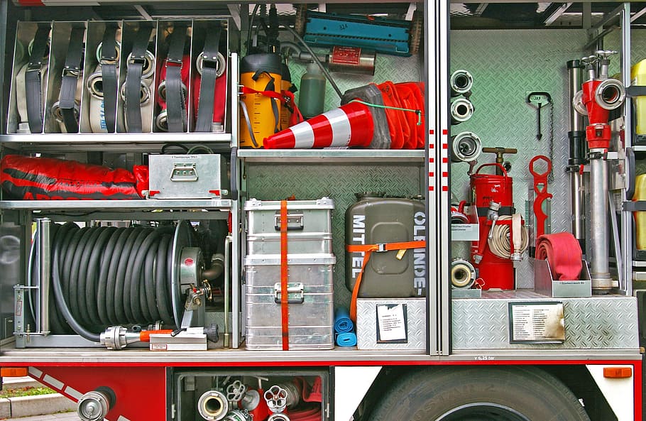 assorted-color firetruck tools inside truck, firefighters, fire truck, HD wallpaper