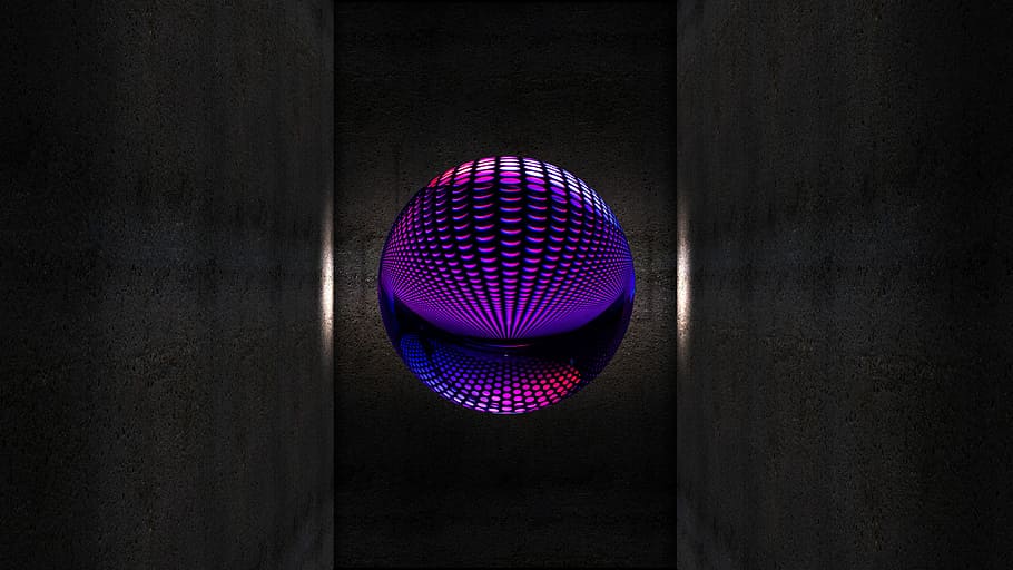 purple ball, wall, shaft, structure, light, graphic, space, animation, HD wallpaper