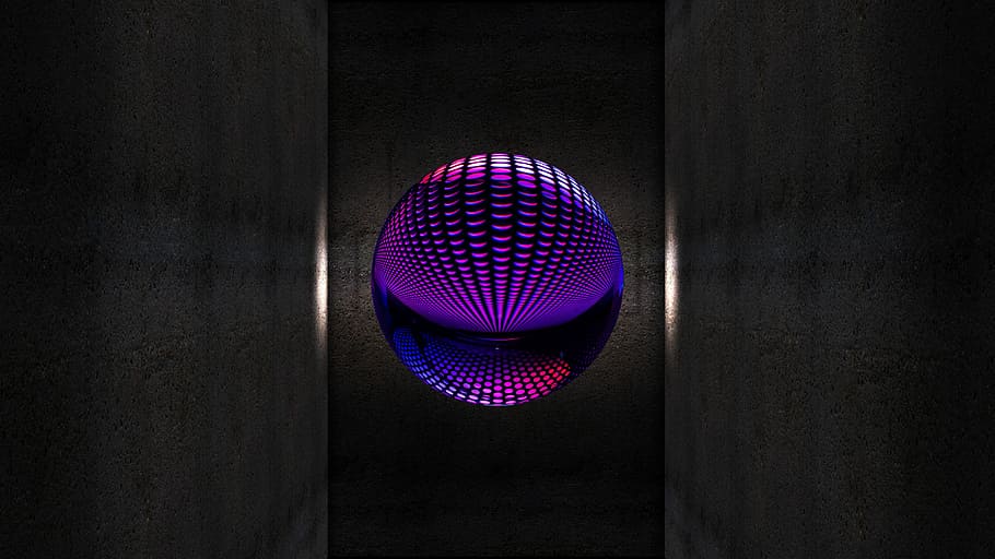 purple ball, wall, shaft, structure, light, graphic, space HD wallpaper