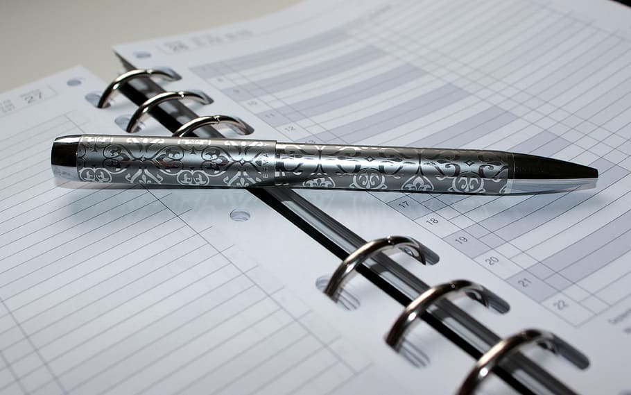 black click pen on opened binder book, appointment calendar HD wallpaper