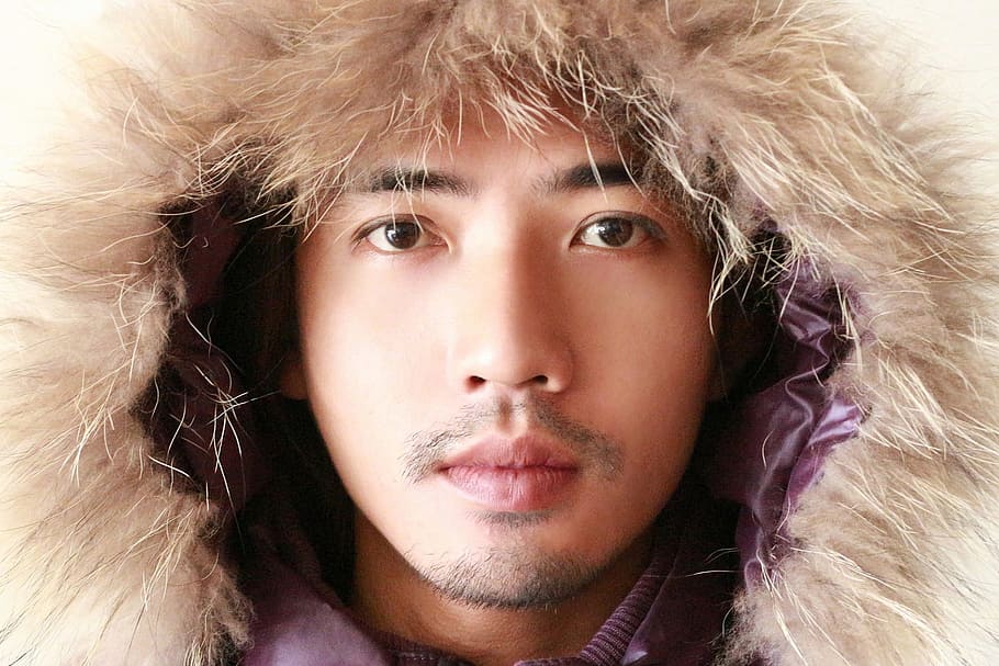 close-up photo of man wearing brown fur coat, Face, Wool, Winter, Men HD wallpaper