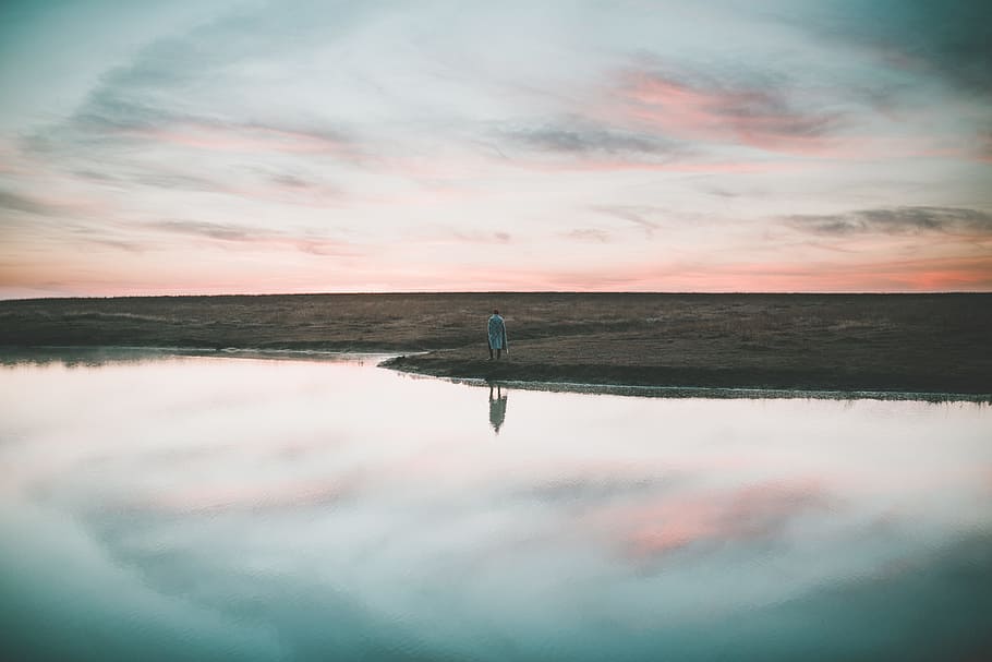 person near lake water, reflection, sky, nature, sea, sunset HD wallpaper