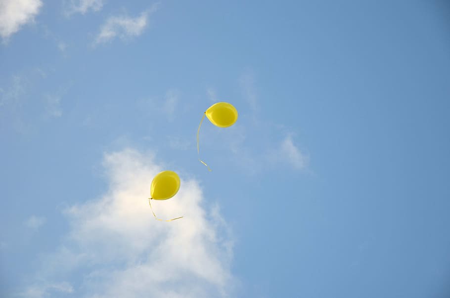 blue sky, balloons, two, air, colorful, yellow, yellow balloon HD wallpaper