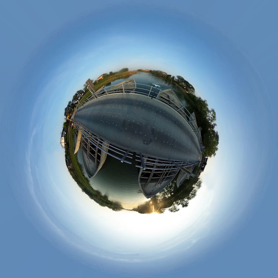 planet, boats, bridge, marina, river, sphere, 360°, italy, HD wallpaper