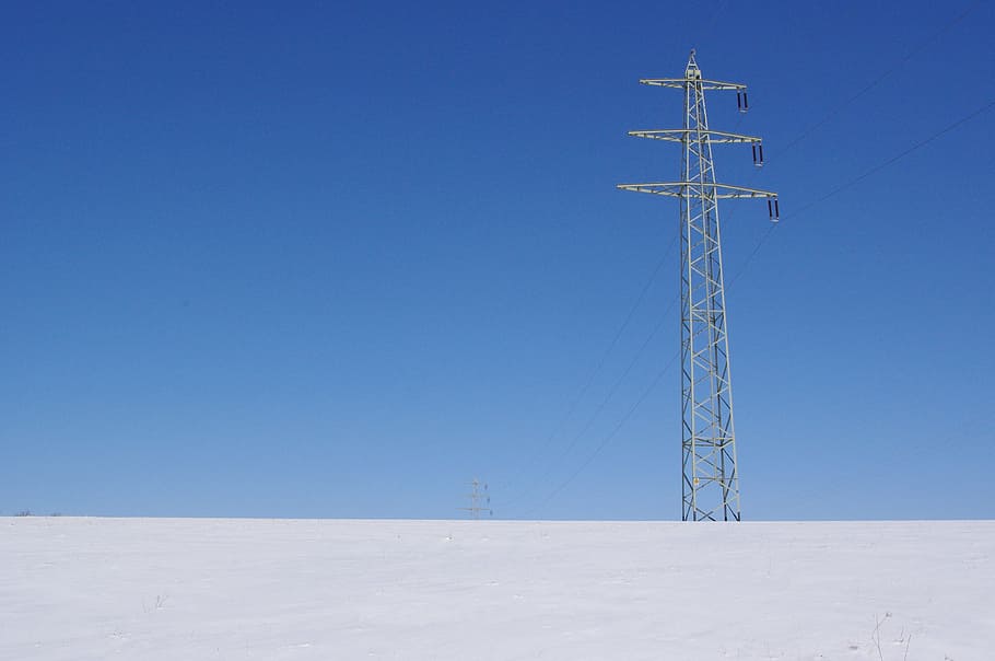 electricity pylon, power supply, winter, cold, line, energy supply HD wallpaper