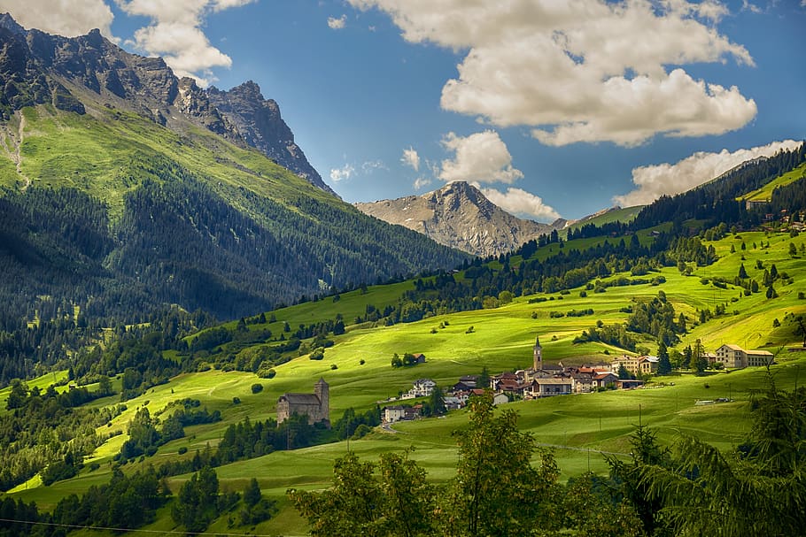 switzerland, village, mountains, alpine, landscape, panorama