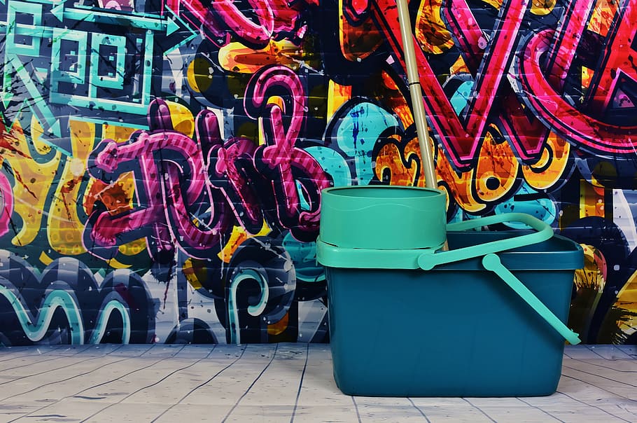mop bucket beside graffiti wall, putz bucket, remove, make clean HD wallpaper