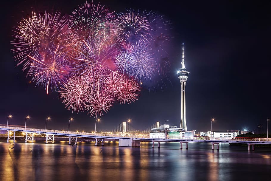 fireworks display, macau, tower, night, sightseeing, celebration HD wallpaper