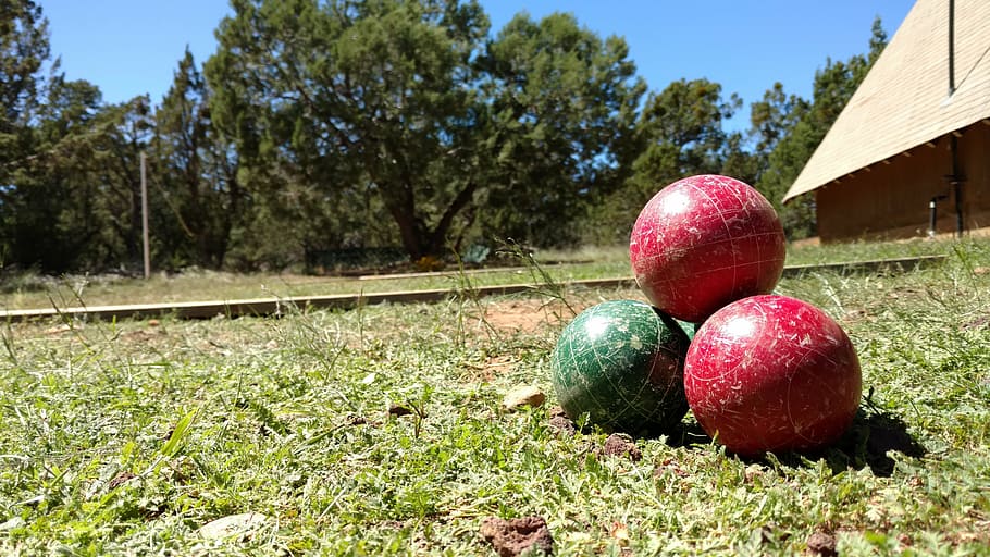 bocce, balls, cabin, grass, tree, green color, sport, outdoors HD wallpaper
