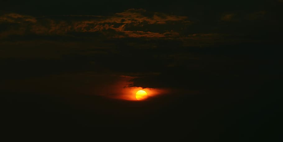 sunset, sun covered with clouds during sunset, sky, dark sky HD wallpaper