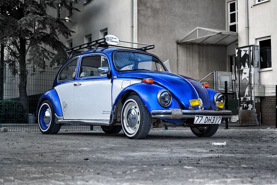 blue Volkswagen Beetle, Car, Vehicle, Automobile, Wheel, transportation